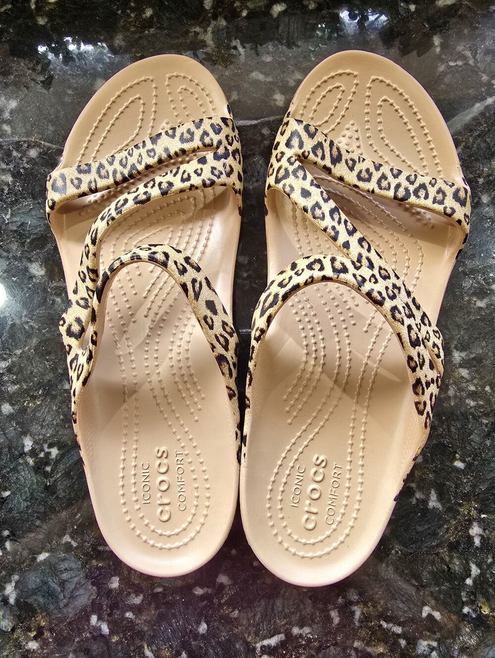 CROCS Women's Leopard Print Tan Slide Sandals